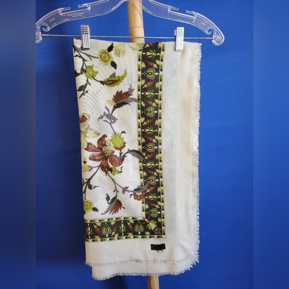 Vintage French Shawl Beige Green Brown Scarve Table Cloth